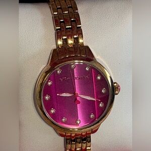 Betsey Johnson Gold-Tone Watch with Pink Sunburst Dial